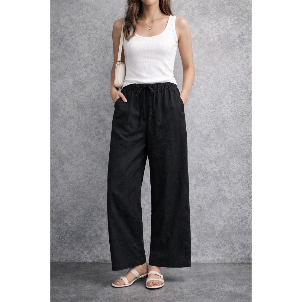 Rebecca Taylor Stretch Linen Pull On Pant Black Wide Leg Trousers Size 2 NWT